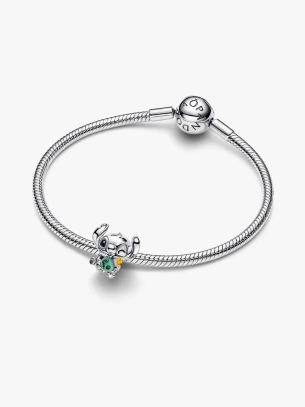 Pandora Sterling Silver Snake Chain Bracelet with Green and Yellow Stitch Charm